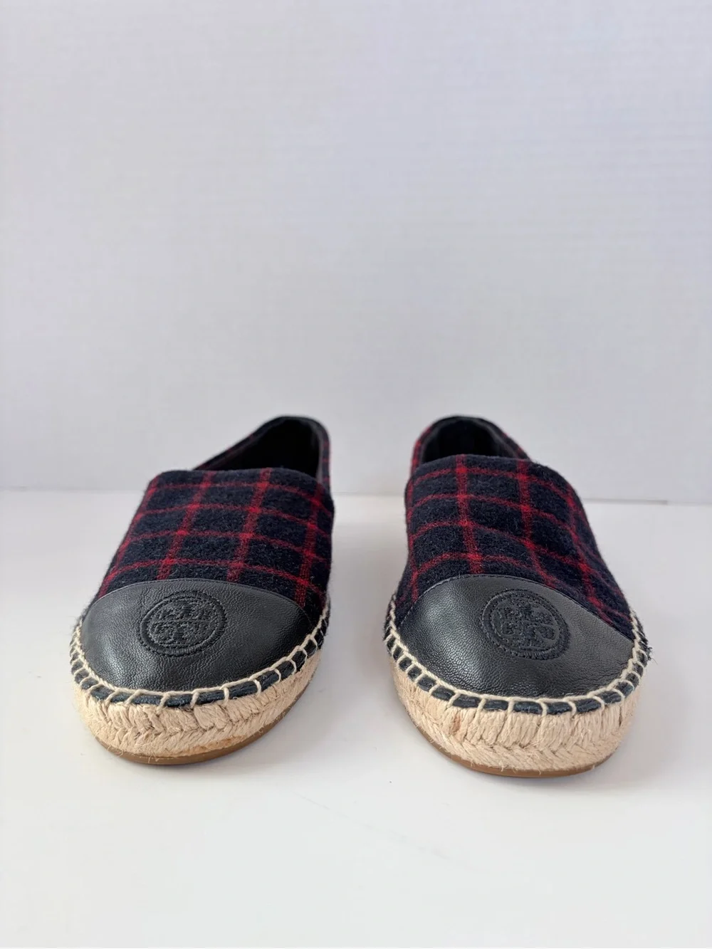 Tory Burch Plaid Espadrilles Colorblock Checked Wool Leather Navy Red Size 9